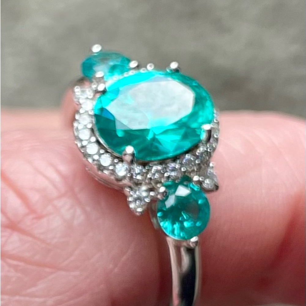 Elegant Sterling Silver and bright Aqua Gemstone RingLab Diamonds Sz 7 JBL 925 - Picture 8 of 9